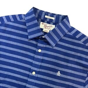 ORIGINAL PENGUIN Button Up Shirt Mens‎ Medium Blue Striped Short Sleeve Classic